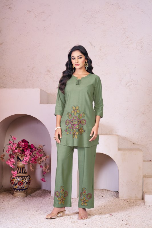Multi Embroidery Thread Work Co-ord Set For Women's