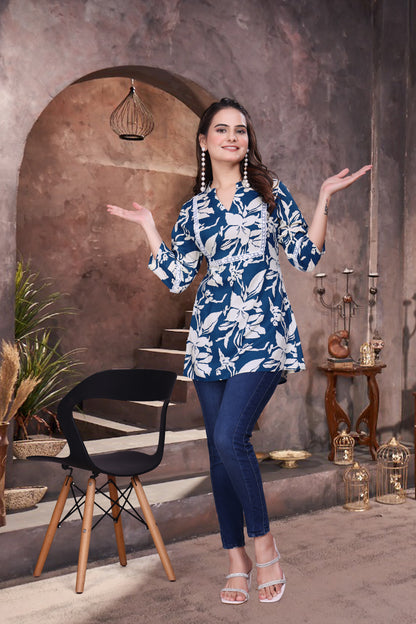 Elegant Casual Leaf Printed Short Kurti