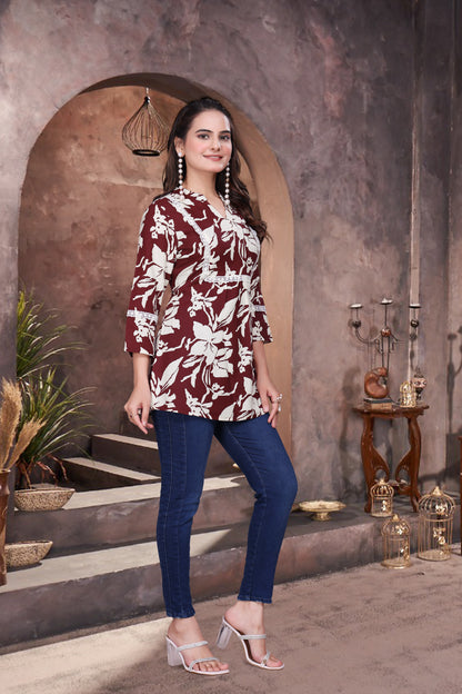 Elegant Casual Leaf Printed Short Kurti