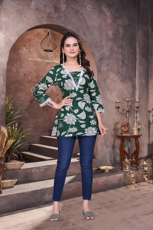 Elegant Casual Leaf Printed Short Kurti